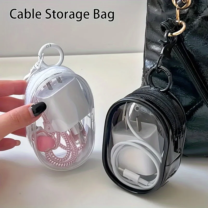 Cable Winder Keychain - ポータブルミニクリアジッパー収納バッグ - イヤホンや充電器用の省スペースケーブルオーガナイザー、便利なキーチェーンループ付きで多用途に使用可能