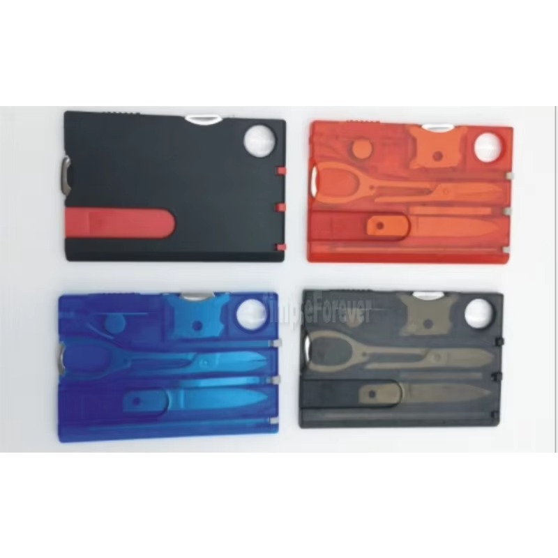 Multitool Credit Card - 10 in 1サバイバルポケットクレジットカード,アウトドアキャンプツール,1ボックス,黒/青,多目的,高品質,200個