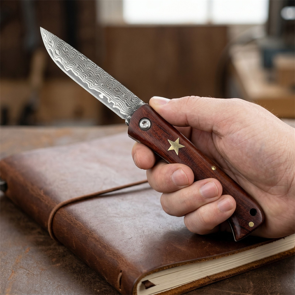 Edc Pocket Carry Fixed Blade - コンパクトアウトドアサバイバルダマスカス折りたたみポケットナイフローズウッドハンドル真鍮スターEDCキャンプハンティングユーティリティキャリーナイフ